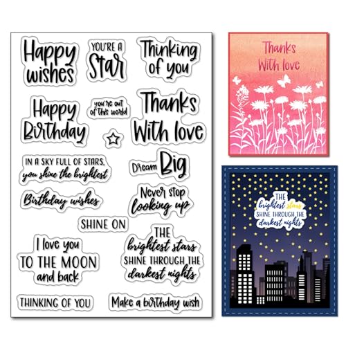 Arbuya Birthday Words Phrase Clear Stamps for Cards Making or Journaling, Sentiment Thinking of You Thank You Silicone Rubber Stamps for Journals Scrapbooking Tags Paper Crafts
