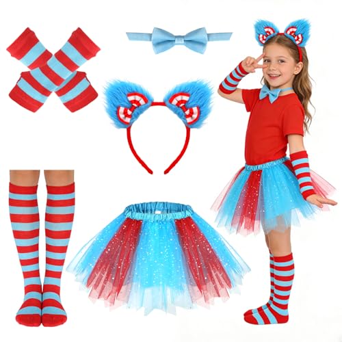 Beipegin 5pcs Book Character Costumes for Kids Thing Costume Include Red Blue Tutu Fuzzy Headband Bow Tie High Socks and Gloves