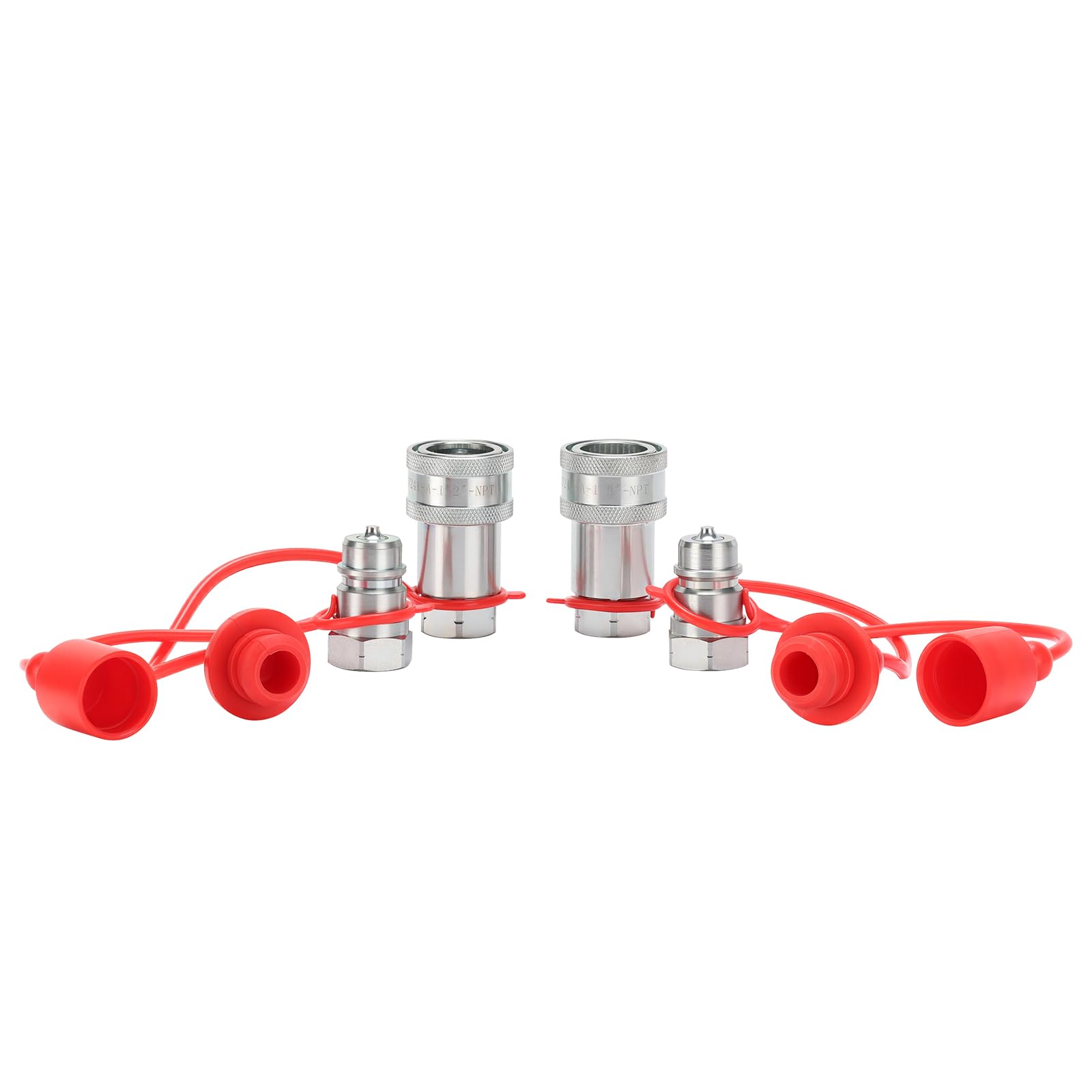MEASUREMAN ISO 5675 Hydraulic Quick Coupler 1/2" NPT Tractor Fitting High-Strength Carbon Steel 2-Pair Set, with Red Dust Caps