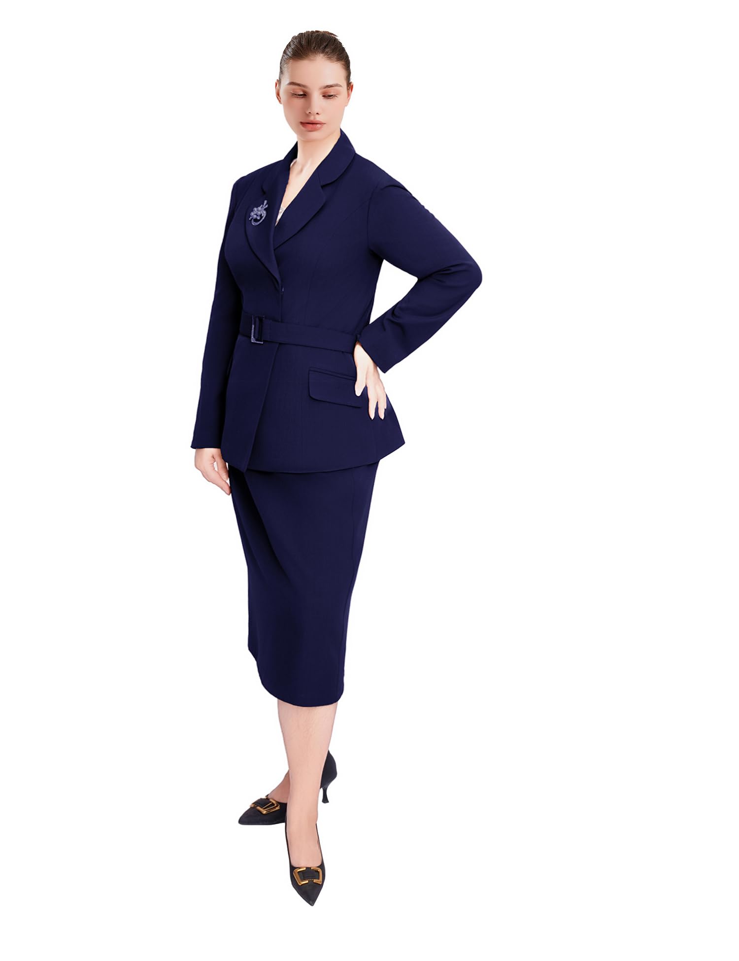 Womens 2-Piece Suit Set Blazer Midi Skirt with Belt Brooch for Office Formal Events