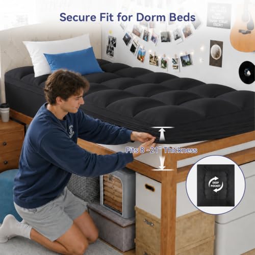 Image of ELEMUSE Twin XL Black Mattress Topper for Dorm Bed, College Dorm Room Essentials for Girls&Guys, Soft Comfortable Bed Upgrade for Back to School, Apartment&Rental Use