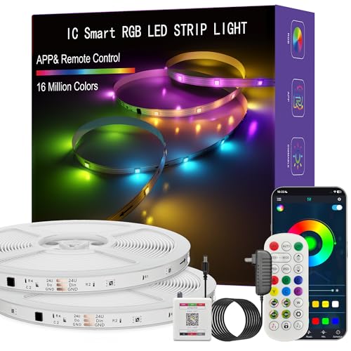 Image of IC Smart RGB LED Strip Lights, 100FT LED Lights for Bedroom, App Control /Remote Control, Music Sync, DIY Design, Rainbow Chasing Effects, Strip Lights for Home, Party Decor
