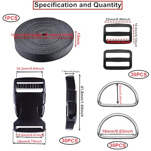 HUAZIZ 30 Stück Steckverschluss für 15 mm Gurtband, Adjustable Side Release Plastic Buckles, 30 Stück Metall D Ring Schnalle 15mm für Paracord Armbänder Hunde-Halsband Rucksacke Schwarz