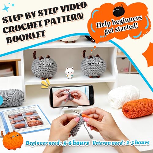 Image of Joyclub Crochet Kit for Beginners 4 Cat Family with Video for Adults | Step-by-step video and 40% extra yarn support first projects for crochet starter; a amigurumi DIY gift for adult crafters