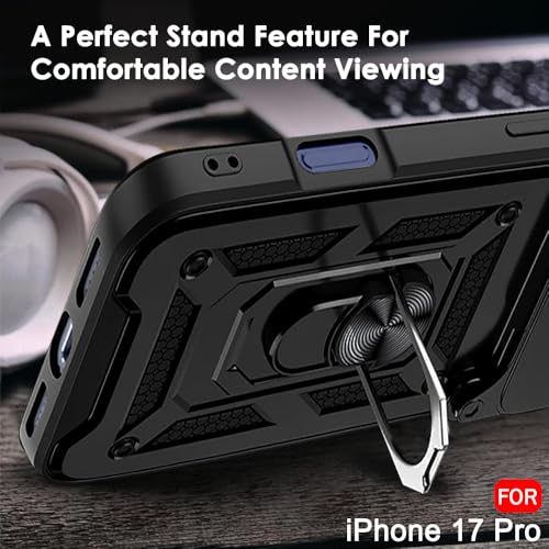 Image of TheGiftKart Tough Armor Bumper Back Cover Case for iPhone 17 Pro | Rotating Camera Cover, Kickstand & Ring Holder | 360 Degree Protection Back Cover Case for iPhone 17 Pro (PC & TPU, Black)
