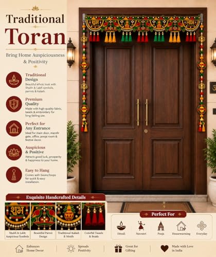 Image of Toran for Main Door Entrance | Traditional Handmade Door Hanging Garland for Decoration Bandhanwar for Main Door,Size 37 Inch (Subhalabh Toran Parrot with Subh Labh Latkan)
