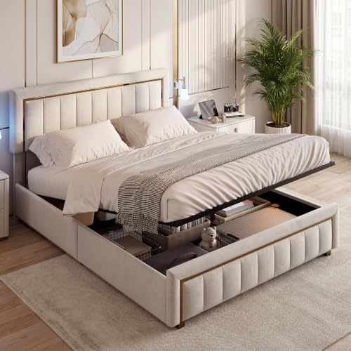 BPKADHY Cama tapizada doble de 160 x 200 cm, cama con canapé abatible hidráulico, estructura con cabecero y somier de láminas de madera, cama funcional juvenil con respaldo, terciopelo, blanco arroz