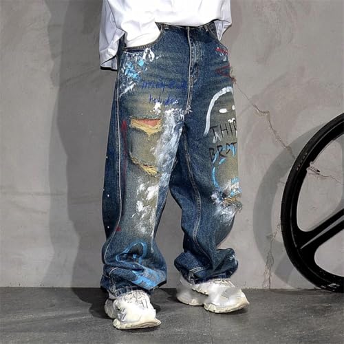 Men’S Hip Hop Graffiti Baggy Ripped Skateboard Jeans Slim Fit Button Fly Midweight Distressed Full Length Trendy Wear Pants3