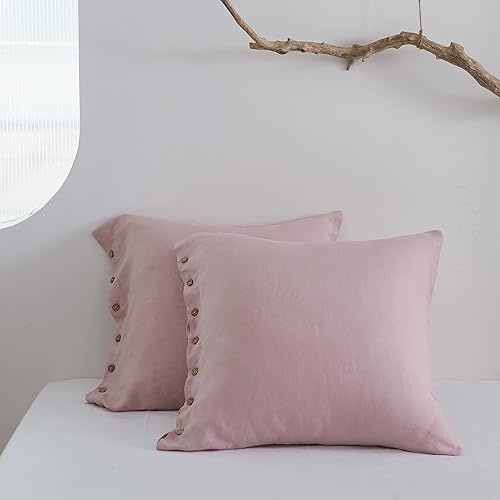 Simple&Opulence Juego de 2 fundas de almohada 100 % lino lavado, 26 x 26 pulgadas, fundas decorativas de almohada con botón de coco, fundas de