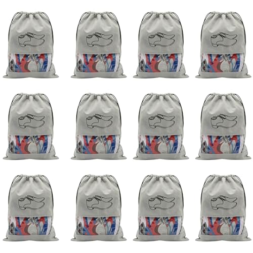 Gowloz Shoe Bags 12x16 Inch (Pack of 12) – Non-Woven Travel Pouches with Drawstring & Transparent Window, Dustproof Footwear Organizer (Grey)