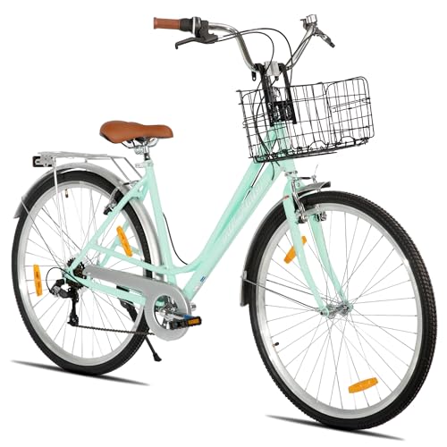 HILAND Bicicleta Urbana 700C Hombre & Mujer, Estilo Vintage con Cesta y Portaequipajes, 7 Velocidades, Cuadro de Acero, Frenos V-Brake, Bicicleta de Ciudad para Uso Diario, Verde