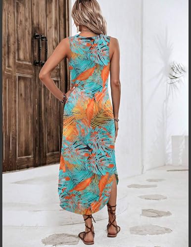 Image of Zeagoo Women Floral Summer Casual Beach Printed Tank Dress with Pockets Pleated Front Long Dress