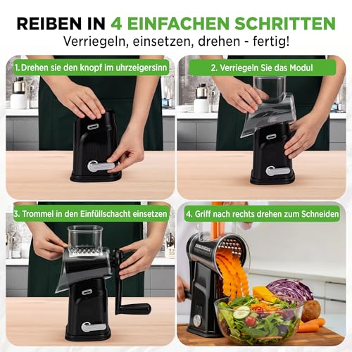 NutriChef Käsereibe und Gemüsehobel mit Kurbel, 5 Wechselklingen – Schwarz – Ansicht 2