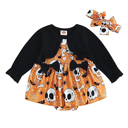 Image of Faithtur Newborn Girl Clothes Cute Long Sleeve Patchwork Baby Girl Halloween Outfit Gothic Skull Romper Dress Baby Girl Gift (A-Black, 6-12 Months)