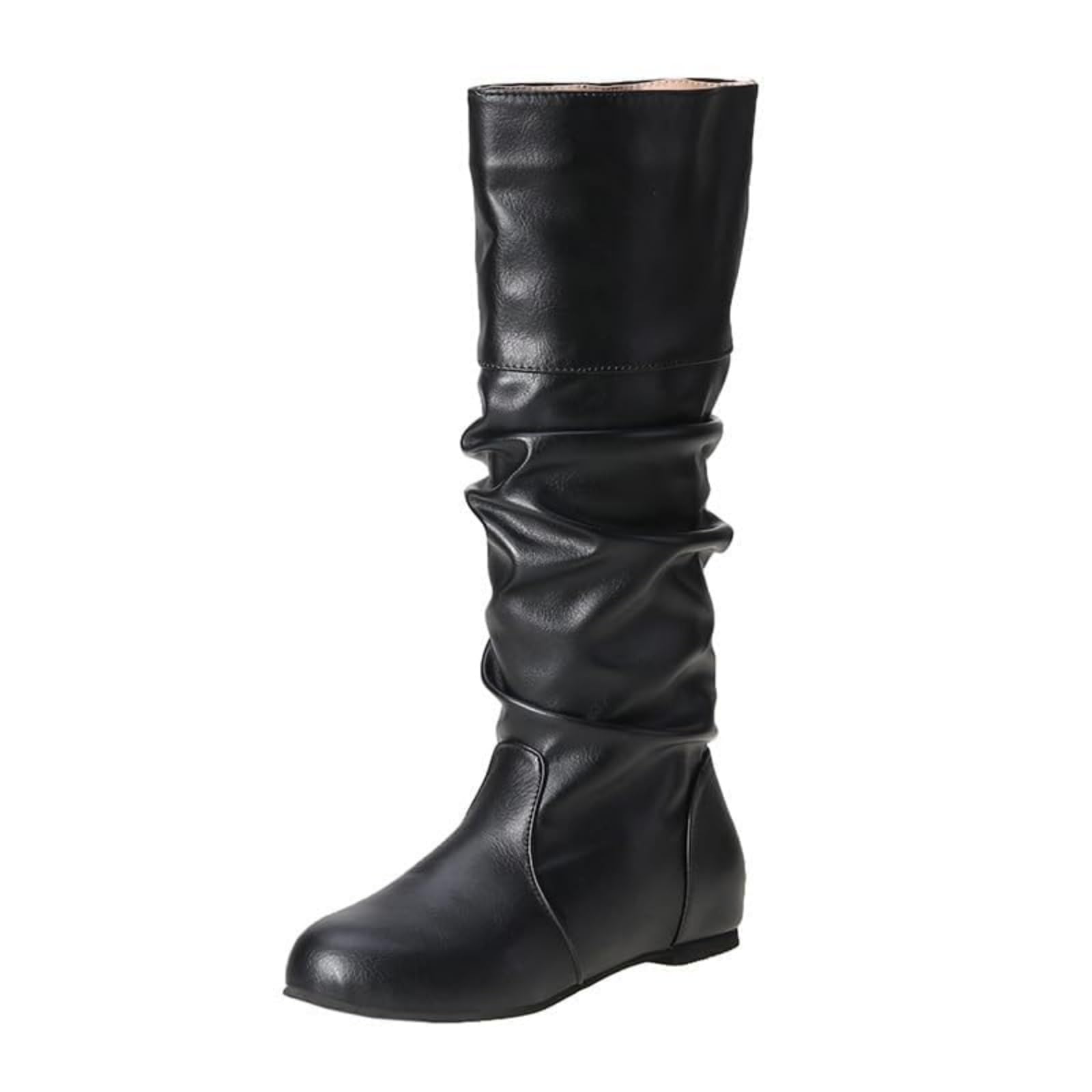 Womens Knee High Boots with Zipper Faux Leather Motorcycle BIker Boots Flat Slouch Low Wedge Heel Square Toe