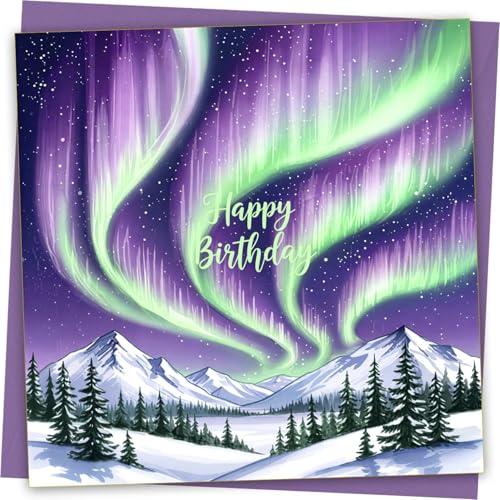 Carte d'anniversaire aurore boréale avec enveloppe violette