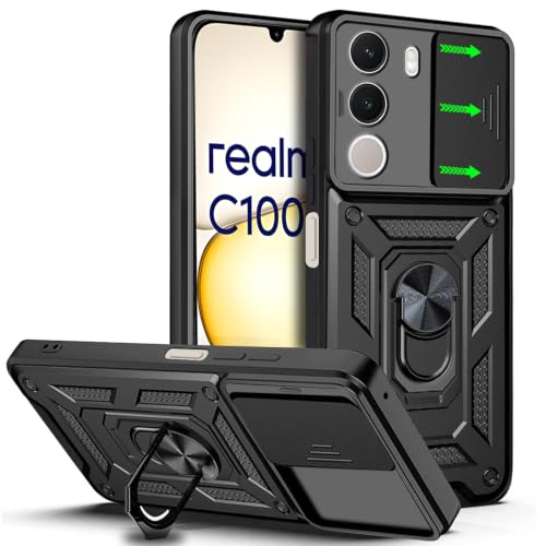 Image of AESTMO Tough Armor Realme C100X Bumper Back Case Cover | Ring Holder & Sliding Camera Shield Cover | 360 Degree Protection Back Case Cover for Realme C100X (Black)