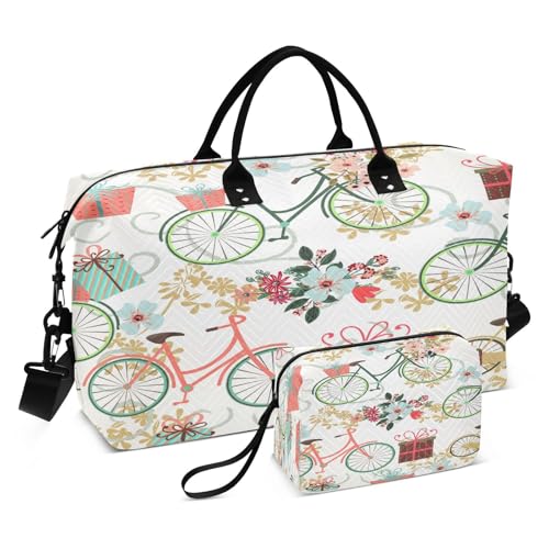 susiyo Funny Bicycles Flowers Expandable Travel Duffle Bag, Large Weekender Overnight Bags and Adjustable Strap, Carry On Shoulder Tote Bag, Gym Duffel Bag with Toiletry Bags for Hospital