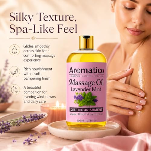 Image of AROMATICO Lavender Mint Massage Oil. Seductive, Sensual Oil for Date Nights -300ml. Intimate, Romantic Massage Oil for Couples. Non-sticky Formula, Natural Ingredients