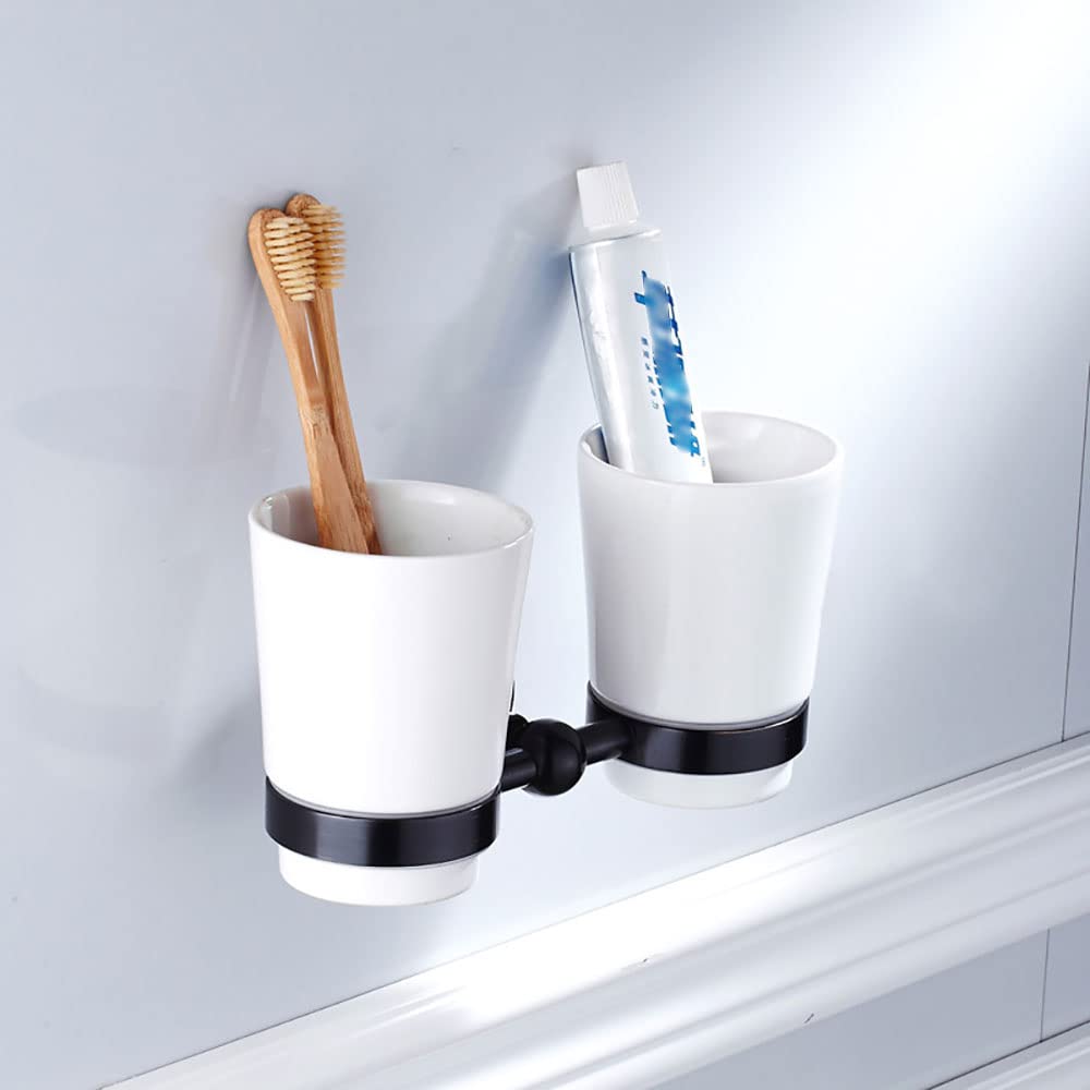 Porta spazzolino da denti a parete, Doppia tazza - Collutorio in ceramica e ottone da parete con organizer for riporre il dentifricio rasoio