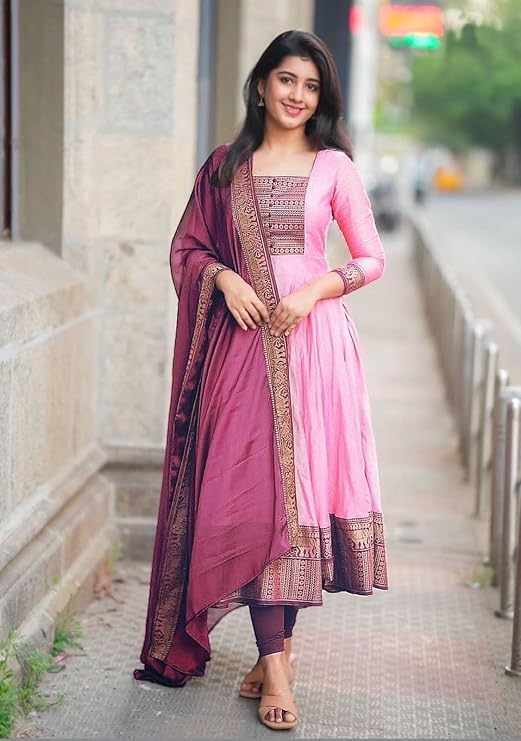Image of Women's Vichitra Silk Anarkali Gown with Dupatta, Pink, Jacquard Zari Weaving, Designer Party Ethnic Wear
