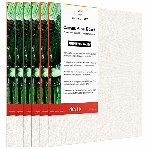 Image of Scholar Art Hobby Series 04 Oz (230 GSM) 100% Cotton Canvas Panel Board for Painting (White Blank Canvas Boards for Acrylic Paint, Oil Paint, Wet & Dry Media) | 10 inchx10 inch (25x25 cm), Pack of 6