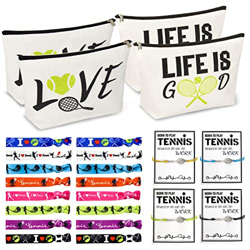 Tennis Gifts, BEDSIFV 24pcs Tennis Player Gifts for Girls, 4 Tennis Makeup Bags 16 Hair Ties 4 Wish Bracelets, Personalized Tennis Stuff for Tennis Player Tennis Lover Tennis Coaches