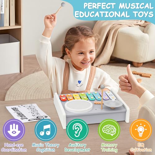 Kids Musical Instruments Piano Drum Set - 5 in 1 Montessori Toys for Toddler Baby, Wooden Music Kit with Piano Keyboard Xylophone, Preschool Educational Sensory Toys, Gifts for Boys Girls - Image 5