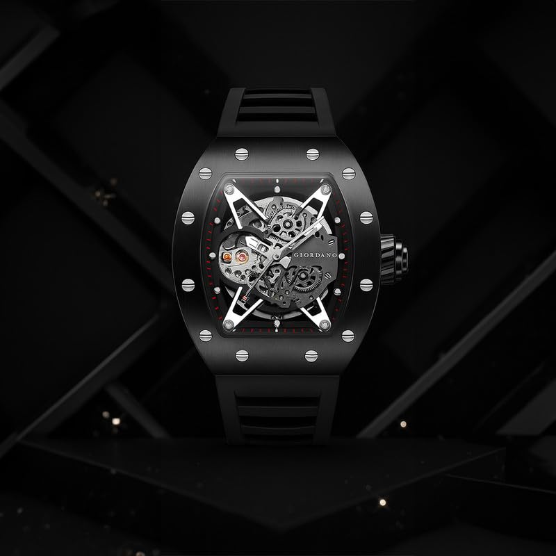 Image of Giordano Automatic Wrist Watch for Men - Open Skeleton Dial | Brushed Steel Case Mechanical Movement with Silicone Strap