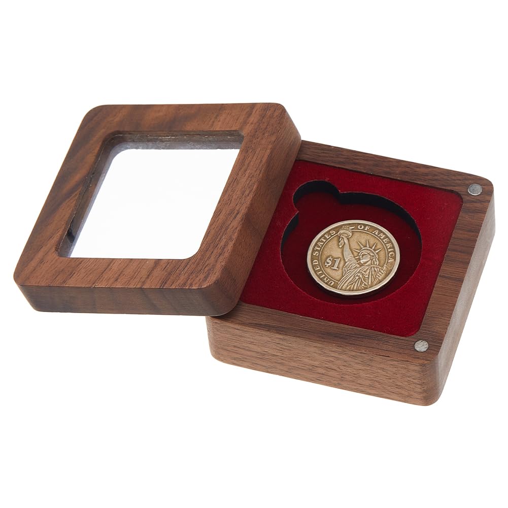 SUPERFINDINGS Single Coins Storage Case Wood Challenge Coin Dispaly Case Coins Presentation Box with Dark Red Velvet Slot Coins Holder with Acrylic Clear Window for Collection