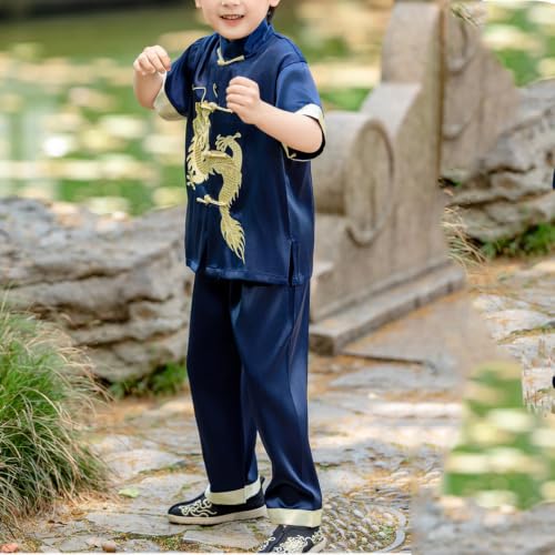 Image of Kids Boys Traditional Chinese Kung Fu Outfit Embroidery Dragon Tang Uniform Martial Arts Suits