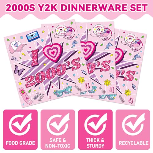 Image of Qyeahkj 100Pcs 2000s Y2K Pink Decorations Party Supplies 90s Plates Napkins Disposable 1990s Tableware Dinnerware Birthday for 90's Kids Bachelorette Favor