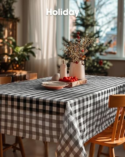 Image of Pureegg Plastic Table Cloth Disposable 10 Pack, 54 x 108 Inch Table Cloths, Party, Picnic, Decorative Gingham Tablecloths, Rectangle, Black and White Checkered Cover, Leakproof & Sturdy, Black Plaid