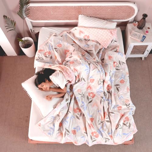 Image of Dohar Double Bed 100% Cotton Blankets for Summer | 90x100inch, 150GSM Ac Comforter and Cooling Blankets for Summer | Pink Color | Classic Printed Design | Quilt | Ideal for Gifting