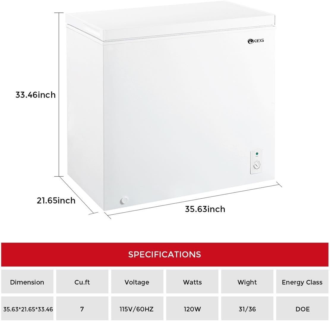 KEG 7.0 cu ft Top Chest Freezer with Adjustable Thermostat and Removable Storage Basket, Freezing Machine for Home and Kitchen