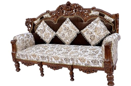 Image of Wooden 8 Seater Sofa Set | 3+3+1+1 Solid Wood Hand-Carved White Brown Sofa | Traditional Design Furniture for Living Room | Home | Office