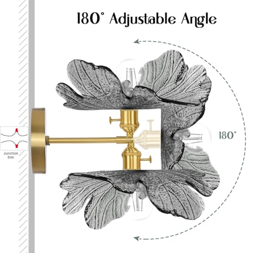 Image of Vintage Wall Sconce Gray Flower 1-Light Bathroom Vanity Light | Gold Brass Wall Light with Flower Glass Shade Hradwired Mid Century Modern E26 Base for Over Mirror Bedside Bedroom Doorway