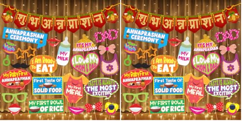 Image of Wobbox Shubh Annaprashan Decoration Items Set which Includes Baby annaprashan Ceremony Props, Subh Annaprashan Banner, Rice Light Decoration, Rice Ceremony Decorations Items(27 Pcs Set)(FP5695)