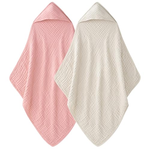 Image of Unnivoll Hooded Baby Towels for Newborn - 2 Pack, 100% Muslin Cotton, Baby Bath Towels with Hood, Soft and Absorbent for Girls Infant, Toddler and Kids, Large 32x32 Inches, Newborn Essential