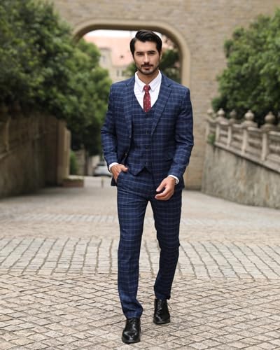 Cloudstyle Mens 3 Piece Slim fit Checked Suit Blue/Black Single Breasted Vintage Suits3