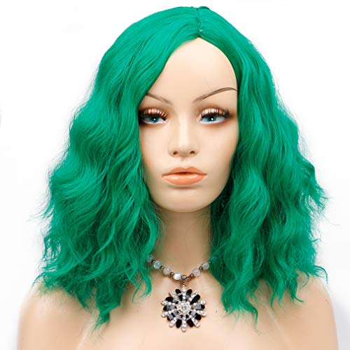 Colorful Bird Short Curly Bob Wigs Side Part Green Wavy Wigs for Women Cosplay Halloween Party Wigs Medium Length 14 inches