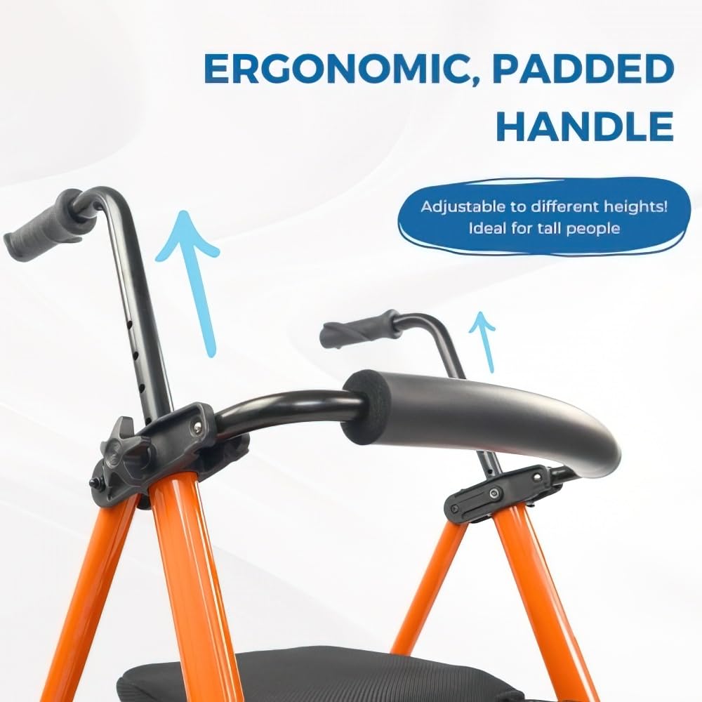 Mobiclinic, Andador Plegable, Ligero, Nerón, con Asiento y Respaldo, 2 ruedas, Conteras Antideslizantes, Máx. 100 Kg, Cesta, Acero, Naranja
