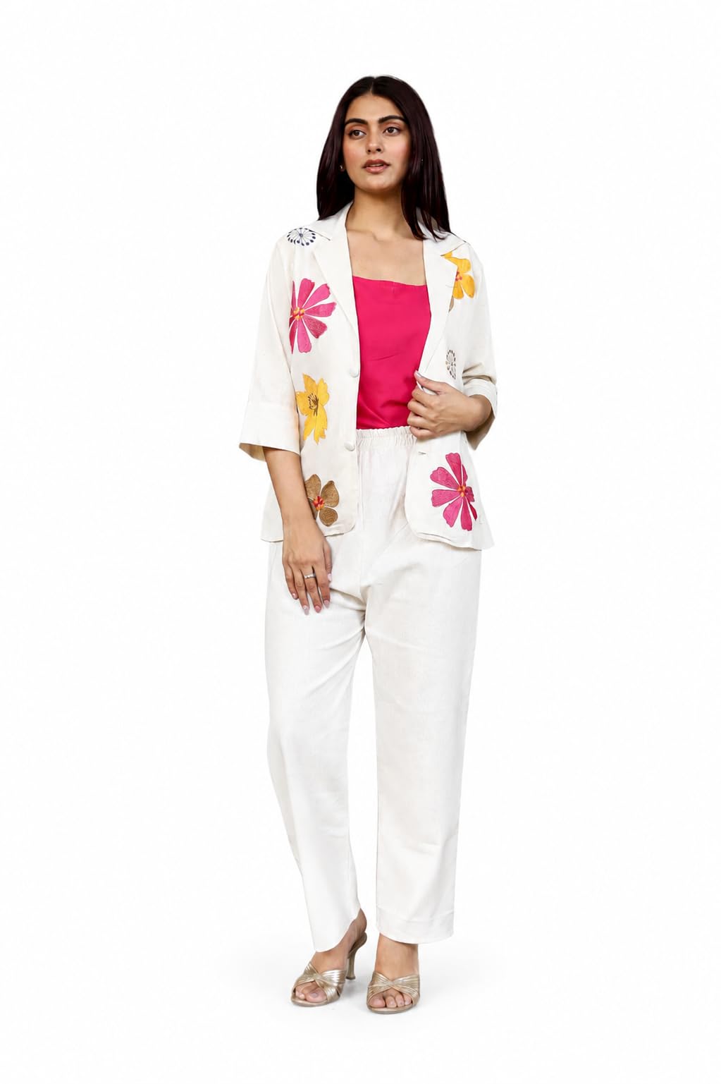 Women's Off-White Floral Embroidered Blazer and Trouser Co-ord Set-image-49
