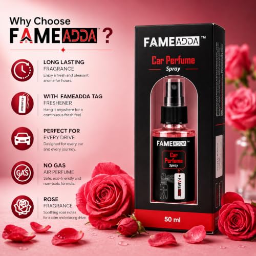 Image of Rose Premium Car Perfume Luxury Spray 50 ML with Hanging Card /Travel Friendly Car Air Fresheners 350+ Sprays /Car Accessories Interior /Eliminates Bad Odour for Car, Office & Home