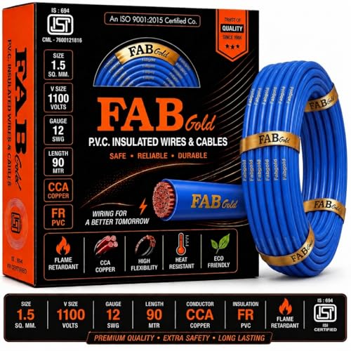 Image of 1.5 sqmm Single Core Copper Electrical Wire, 90 Meter (Blue) | Heat Resistant & Flame Retardant (FR) | Lead-Free LSH House Wire for Home & Industrial Use