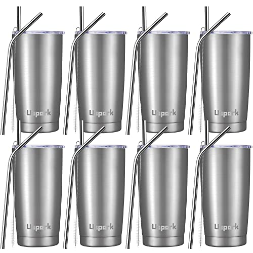 UsparkMC 20oz Tumbler Bulk Stainless Steel Cups with Lid and Straw, Double Wall Vacuum Insulated Travel Cups, Thermal Coffee Mug for Cold & Hot Drinks(Silver, 8 Pack)