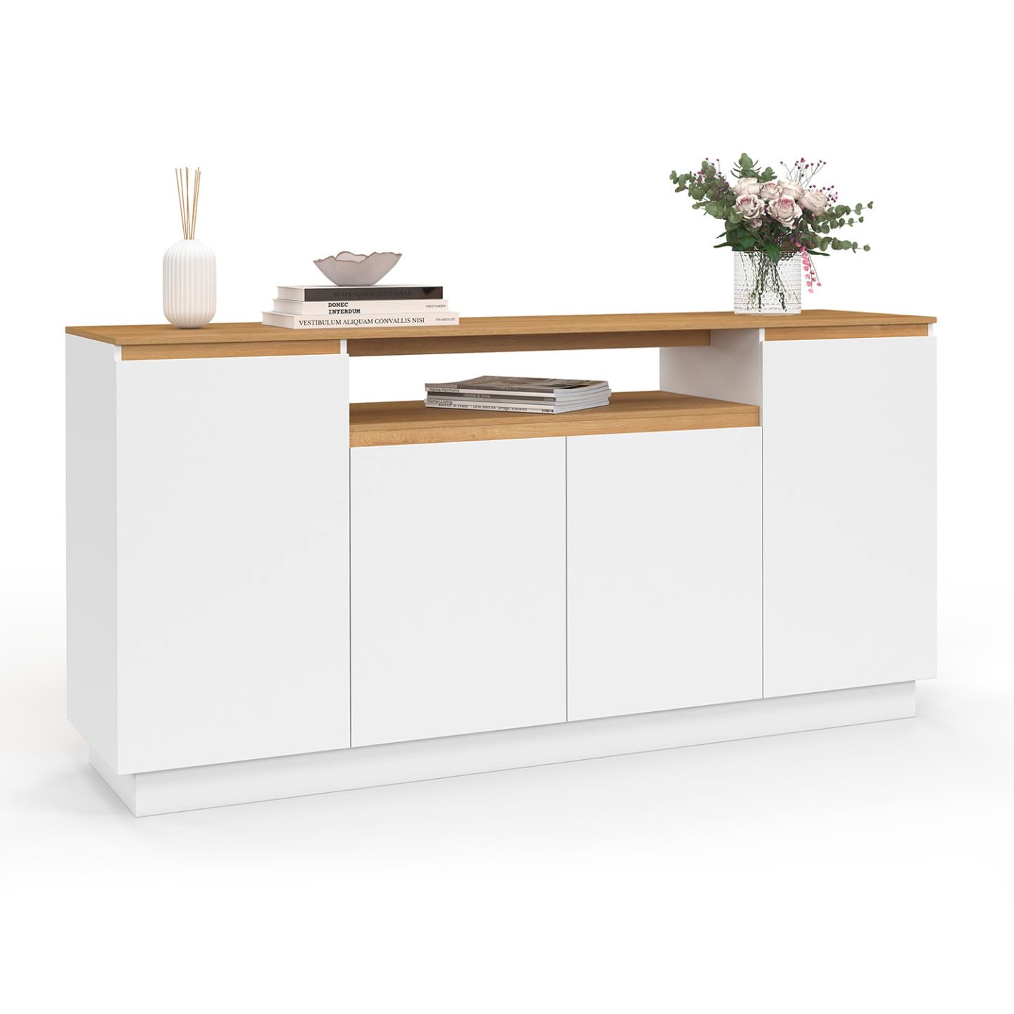 IDMarket - Buffet 160 cm Serena Blanc et Plateau Effet Bois