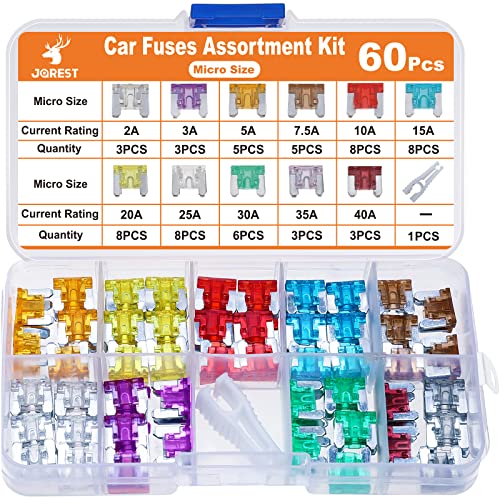 JOREST 60Pcs Fusibles Coche Kit - Automóvil Fusible para Coche/Caravanas/Furgoneta/Moto(2A 3A 5A 7.5A 10A 15A 20A 25A 30A 35A 40A) -12v Micro Pequeños...