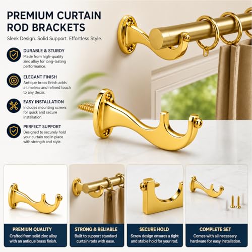 Image of Elite Aluminum Curtain Rod Brackets - Heavy-Duty Wall Mount Clamps for Curtain Rod Support for Door and Window Curtain Rods with Screw and Wall Plug - Pack of 2PCS (Royal Gold)