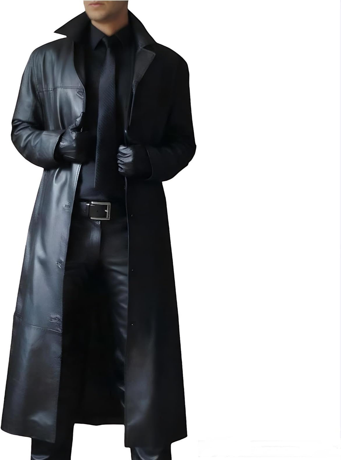 Men's Trench Coat, Solid Color Pu Leather Full Length Windbreaker Gothic Faux Leather Steampunk Overcoat Casual Outwear Lapel Windproof Motorcycle Button Up Long Trench Coat for Winter